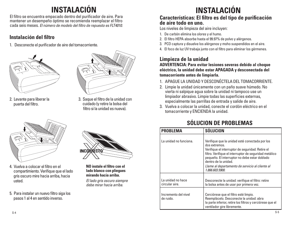 Instalación, Sólucion de problemas, Limpieza de la unidad | Instalación del filtro | Guardian Technologies AC4010 User Manual | Page 9 / 10