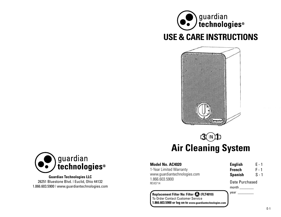 Guardian Technologies AC4020 User Manual | 16 pages