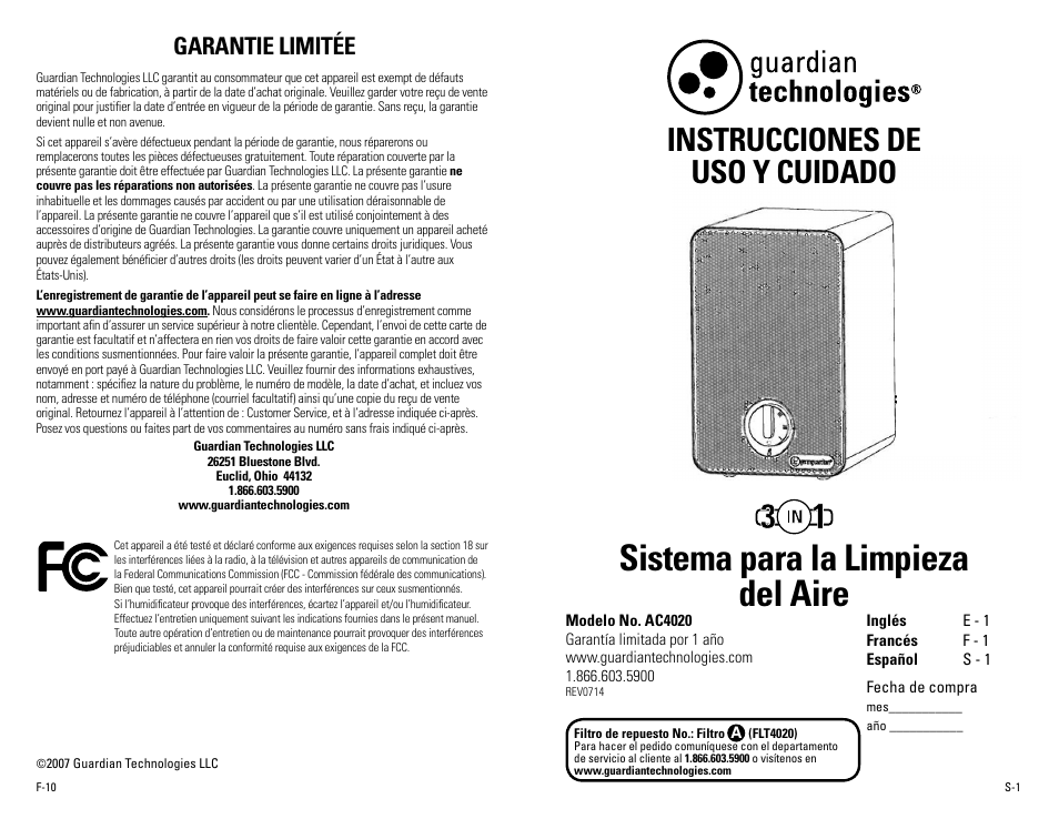 Sistema para la limpieza del aire, Instrucciones de uso y cuidado, Garantie limitée | Guardian Technologies AC4020 User Manual | Page 11 / 16