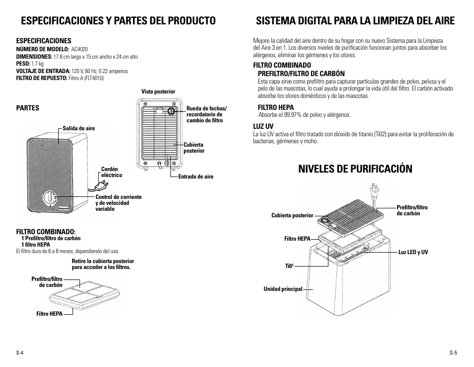 Especificaciones y partes del producto, Sistema digital para la limpieza del aire, Niveles de purificación | Guardian Technologies AC4020 User Manual | Page 13 / 16