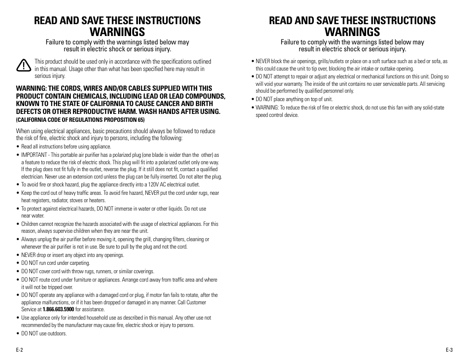 Warnings, Read and save these instructions | Guardian Technologies AC4020 User Manual | Page 2 / 16