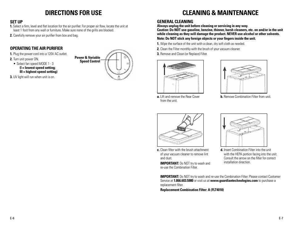 Directions for use, Cleaning & maintenance | Guardian Technologies AC4020 User Manual | Page 4 / 16
