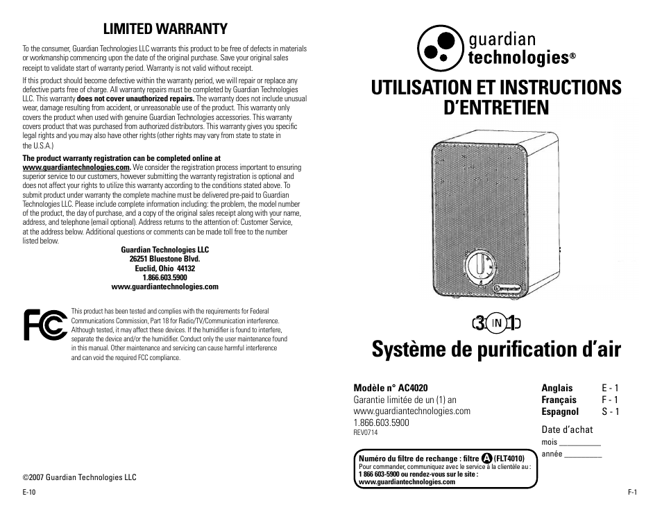 Système de purification d’air, Utilisation et instructions d’entretien, Limited warranty | Guardian Technologies AC4020 User Manual | Page 6 / 16