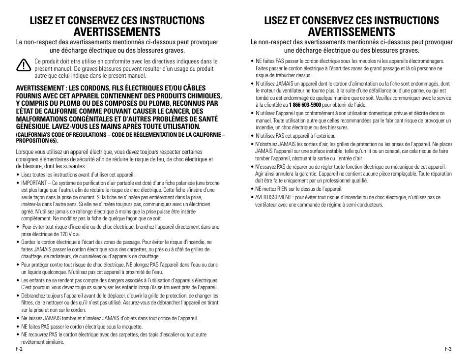 Avertissements, Lisez et conservez ces instructions | Guardian Technologies AC4020 User Manual | Page 7 / 16