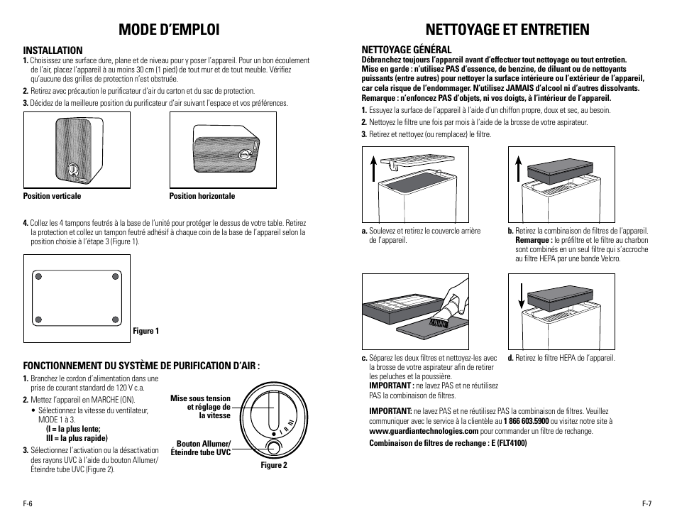 Mode d’emploi, Nettoyage et entretien | Guardian Technologies AC4100 User Manual | Page 10 / 18