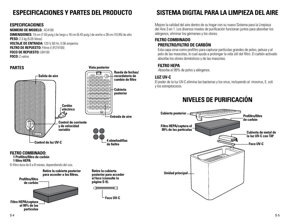 Especificaciones y partes del producto, Sistema digital para la limpieza del aire, Niveles de purificación | Guardian Technologies AC4100 User Manual | Page 15 / 18