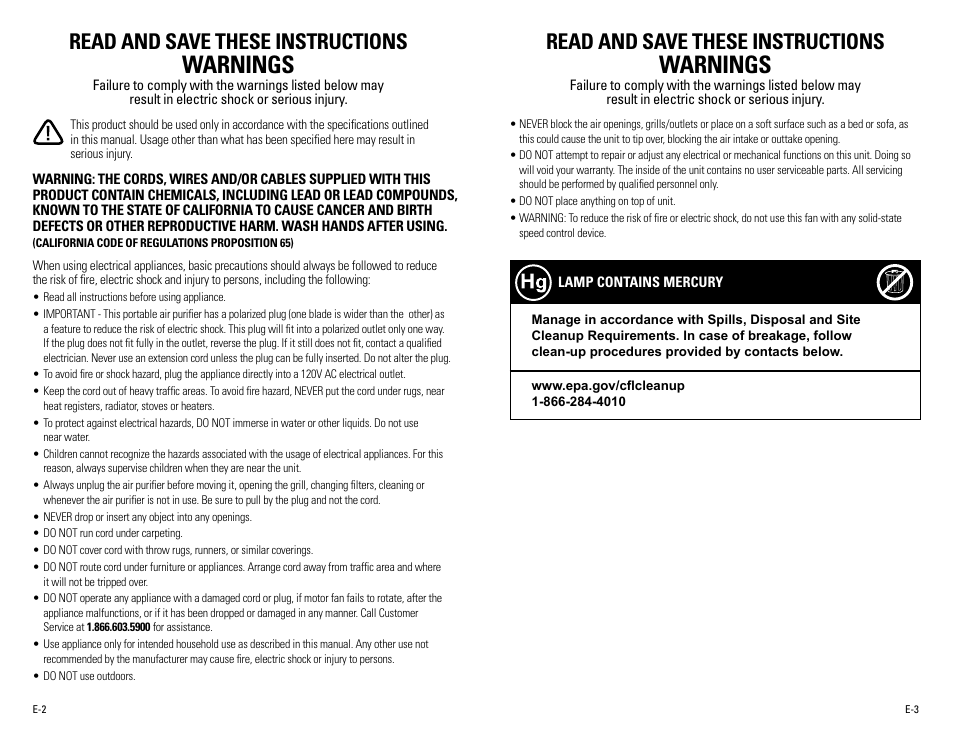 Warnings, Read and save these instructions | Guardian Technologies AC4100 User Manual | Page 2 / 18