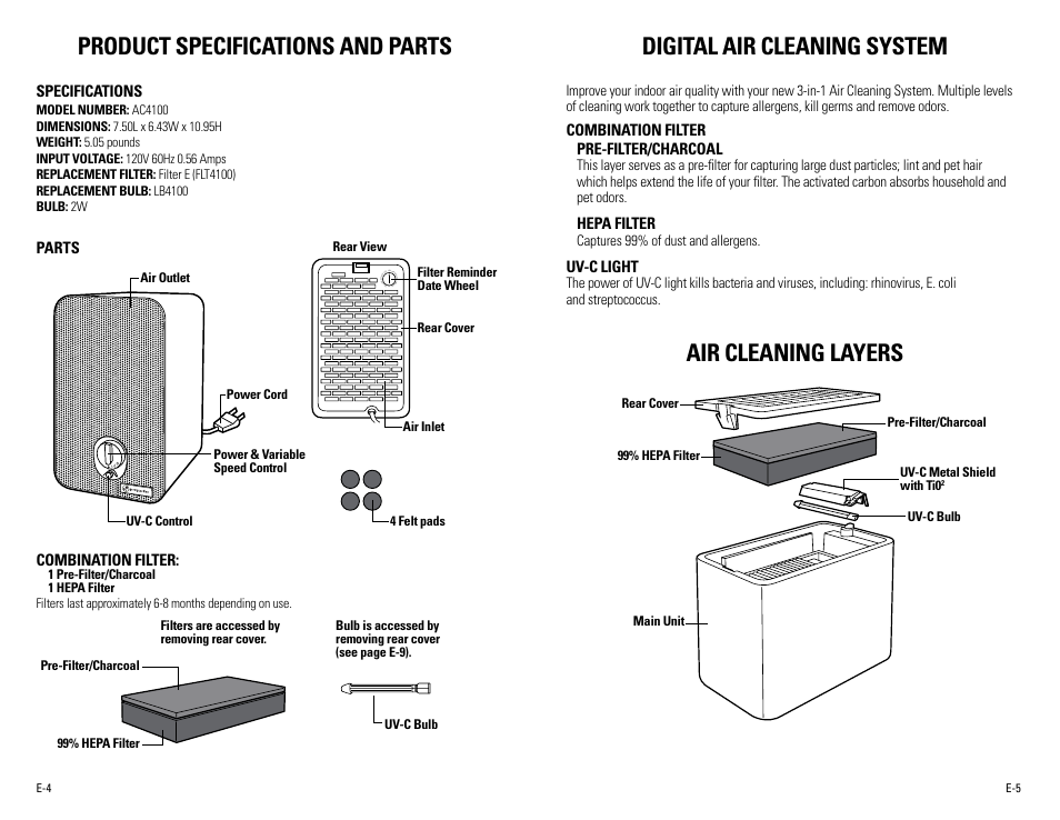 Product specifications and parts, Digital air cleaning system, Air cleaning layers | Guardian Technologies AC4100 User Manual | Page 3 / 18