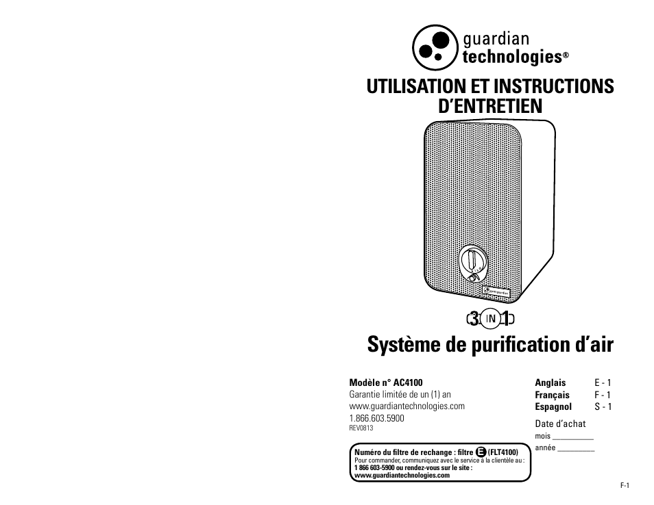 Système de purification d’air, Utilisation et instructions d’entretien | Guardian Technologies AC4100 User Manual | Page 7 / 18