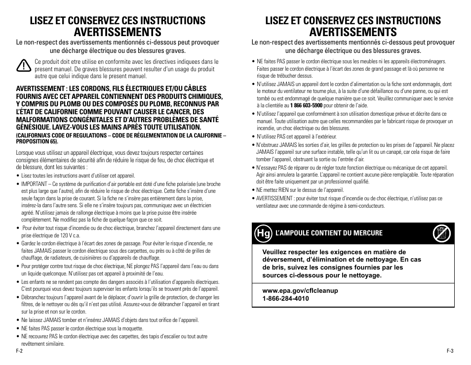Avertissements, Lisez et conservez ces instructions | Guardian Technologies AC4100 User Manual | Page 8 / 18