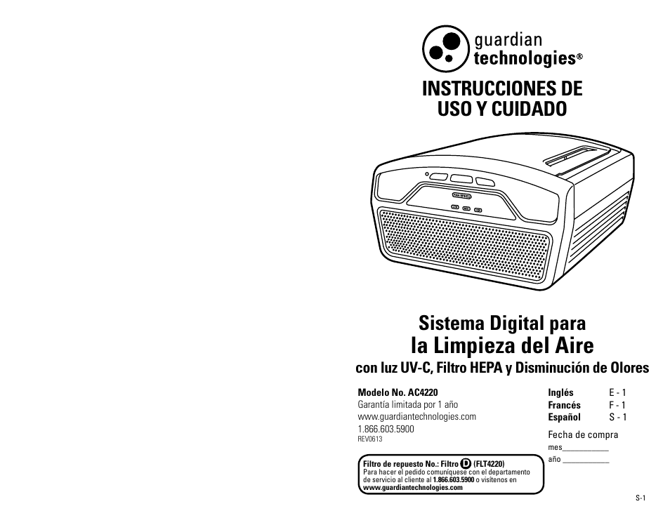La limpieza del aire, Sistema digital para, Instrucciones de uso y cuidado | Con luz uv-c, filtro hepa y disminución de olores | Guardian Technologies AC4220 User Manual | Page 13 / 18