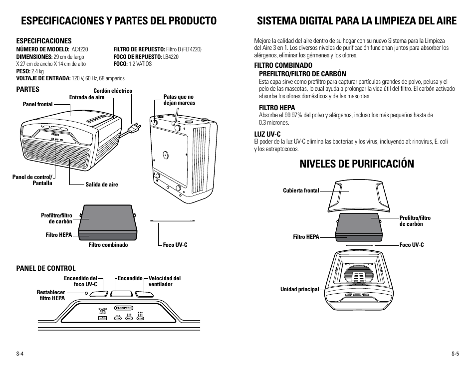 Especificaciones y partes del producto, Sistema digital para la limpieza del aire, Niveles de purificación | Guardian Technologies AC4220 User Manual | Page 15 / 18