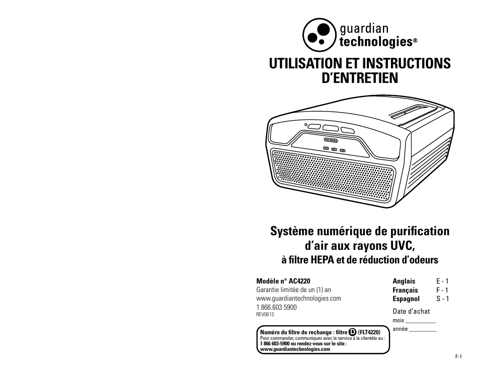 Utilisation et instructions d’entretien, À filtre hepa et de réduction d’odeurs | Guardian Technologies AC4220 User Manual | Page 7 / 18