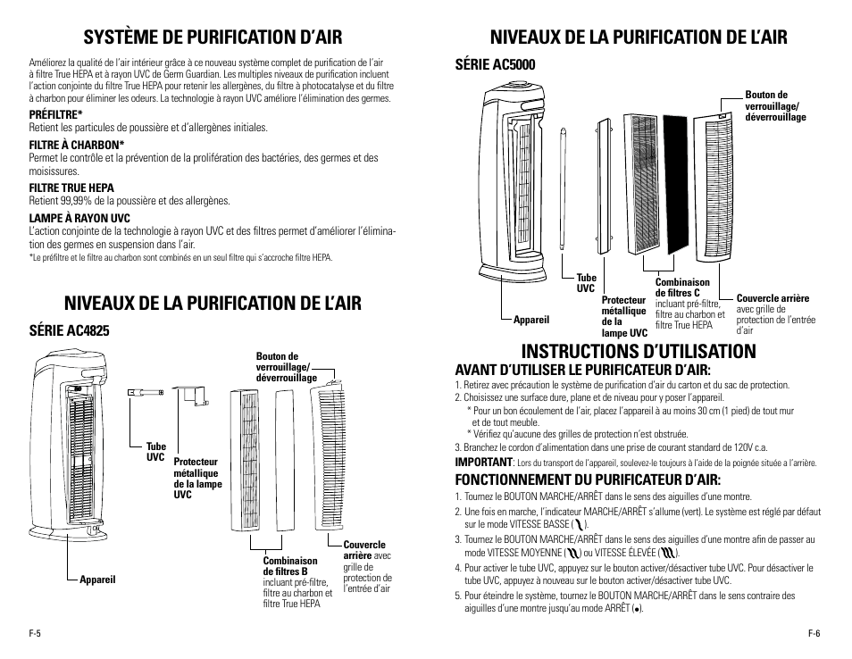 Niveaux de la purification de l’air, Système de purification d’air, Instructions d’utilisation | Guardian Technologies AC5000 User Manual | Page 10 / 20