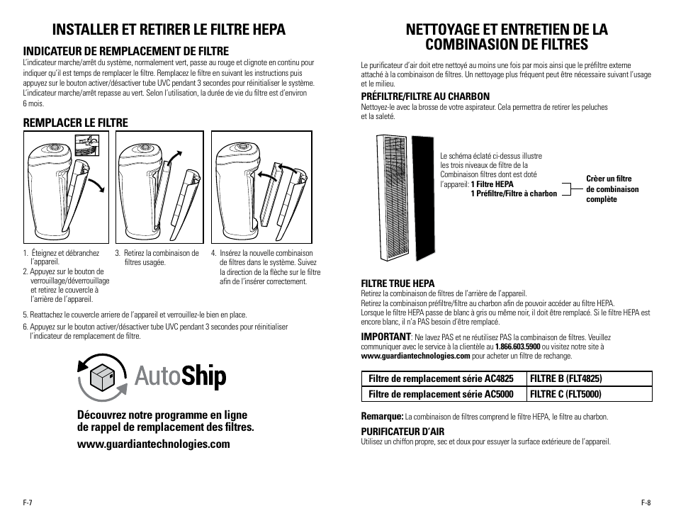 Installer et retirer le filtre hepa | Guardian Technologies AC5000 User Manual | Page 11 / 20