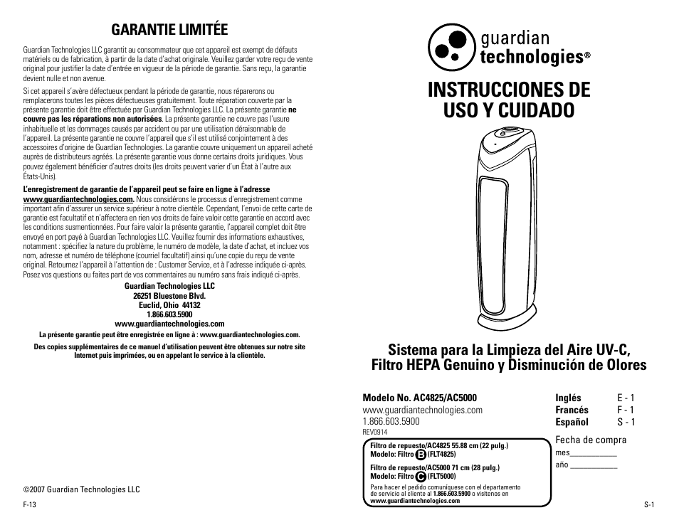 Instrucciones de uso y cuidado, Garantie limitée | Guardian Technologies AC5000 User Manual | Page 14 / 20