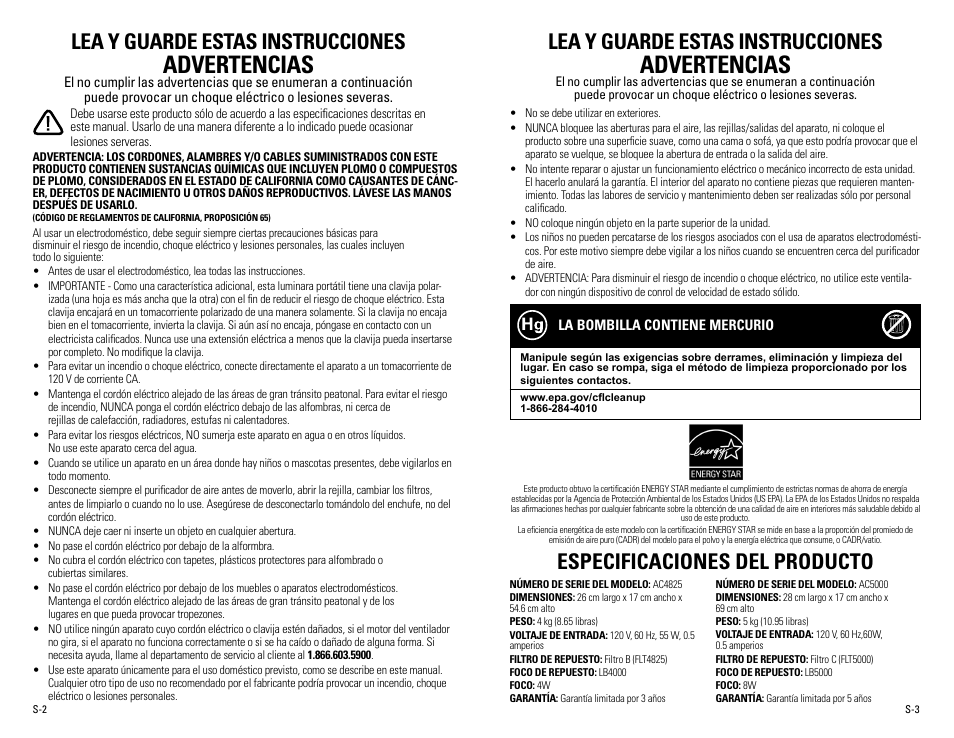 Advertencias, Lea y guarde estas instrucciones, Especificaciones del producto | Guardian Technologies AC5000 User Manual | Page 15 / 20