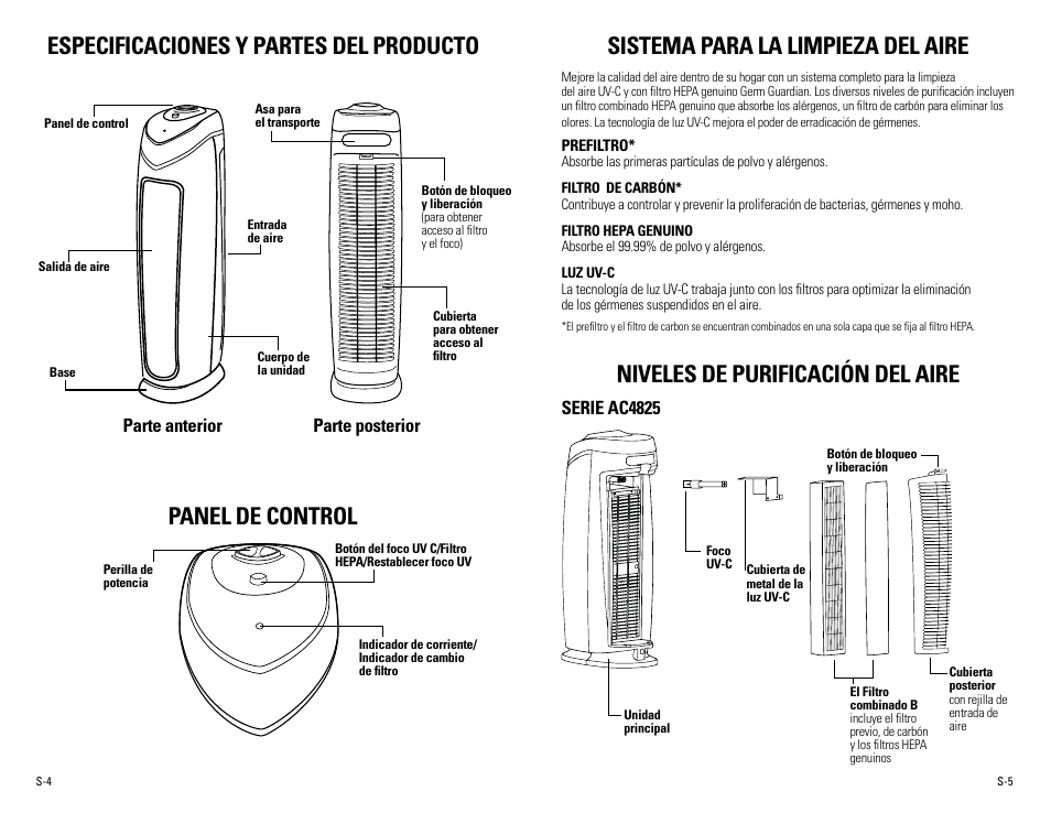 Niveles de purificación del aire, Sistema para la limpieza del aire | Guardian Technologies AC5000 User Manual | Page 16 / 20