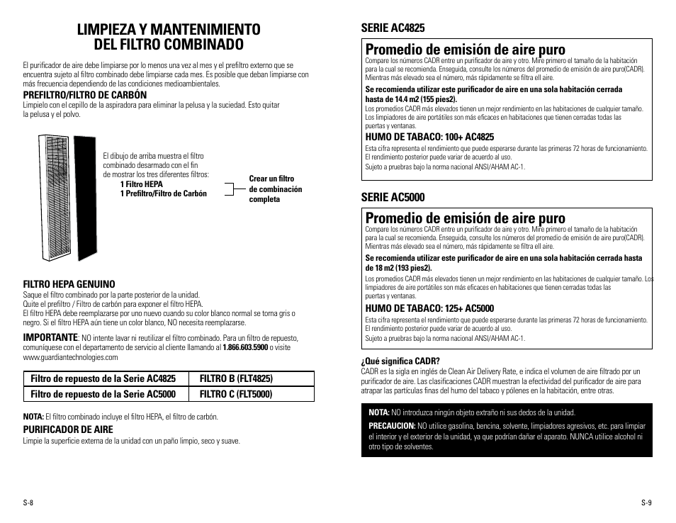 Limpieza y mantenimiento del filtro combinado, Promedio de emisión de aire puro, Serie ac4825 | Serie ac5000 | Guardian Technologies AC5000 User Manual | Page 18 / 20