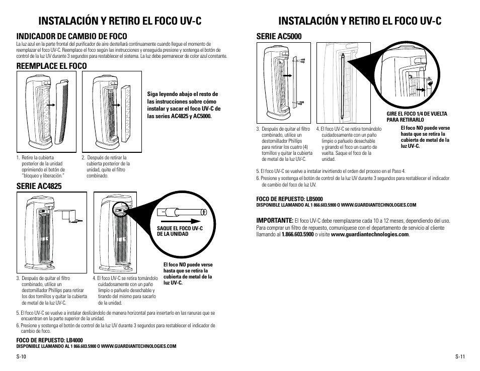 Instalación y retiro el foco uv-c, Indicador de cambio de foco, Reemplace el foco serie ac4825 | Serie ac5000 | Guardian Technologies AC5000 User Manual | Page 19 / 20