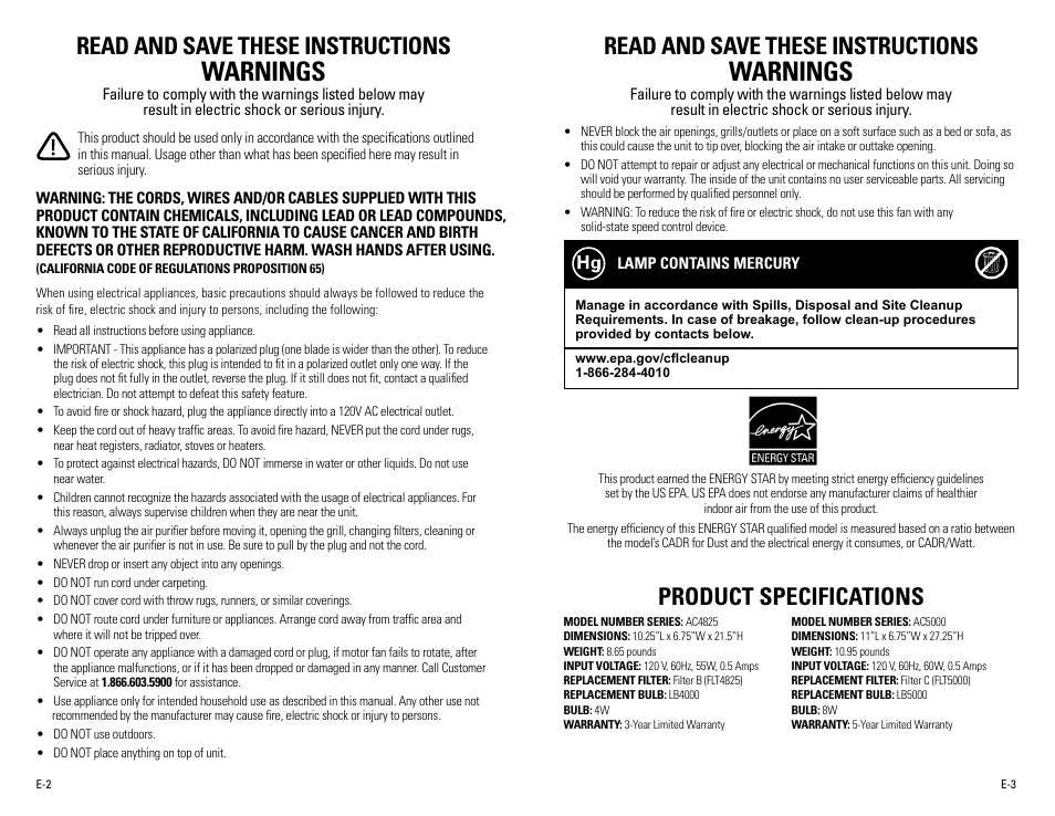 Warnings, Read and save these instructions, Product specifications | Guardian Technologies AC5000 User Manual | Page 2 / 20