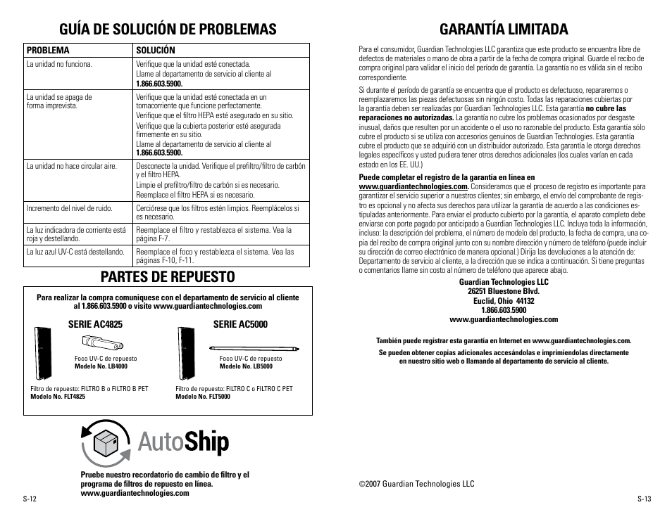 Garantía limitada, Guía de solución de problemas, Partes de repuesto | Guardian Technologies AC5000 User Manual | Page 20 / 20