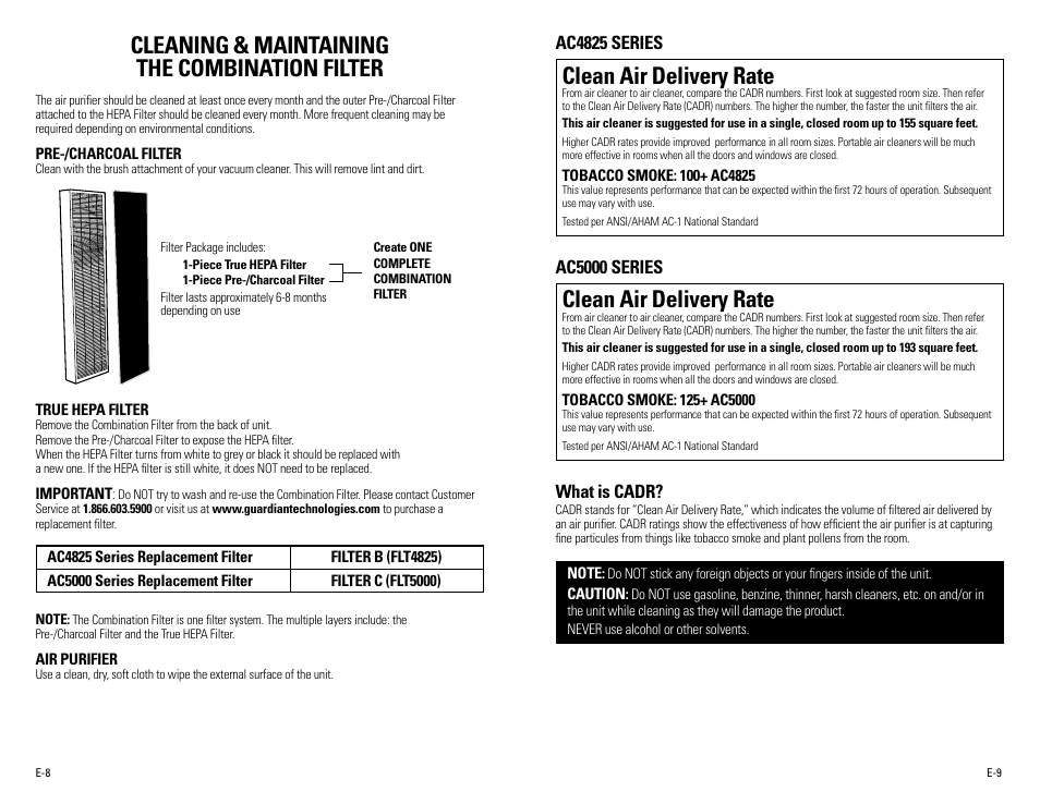 Cleaning & maintaining the combination filter, Clean air delivery rate | Guardian Technologies AC5000 User Manual | Page 5 / 20