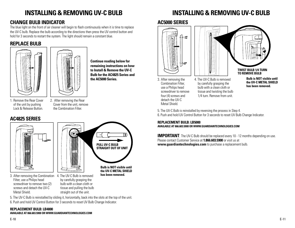 Installing & removing uv-c bulb, Change bulb indicator, Replace bulb ac4825 series | Ac5000 series | Guardian Technologies AC5000 User Manual | Page 6 / 20