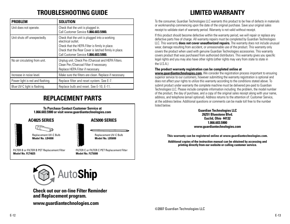 Troubleshooting guide, Limited warranty, Replacement parts | Guardian Technologies AC5000 User Manual | Page 7 / 20