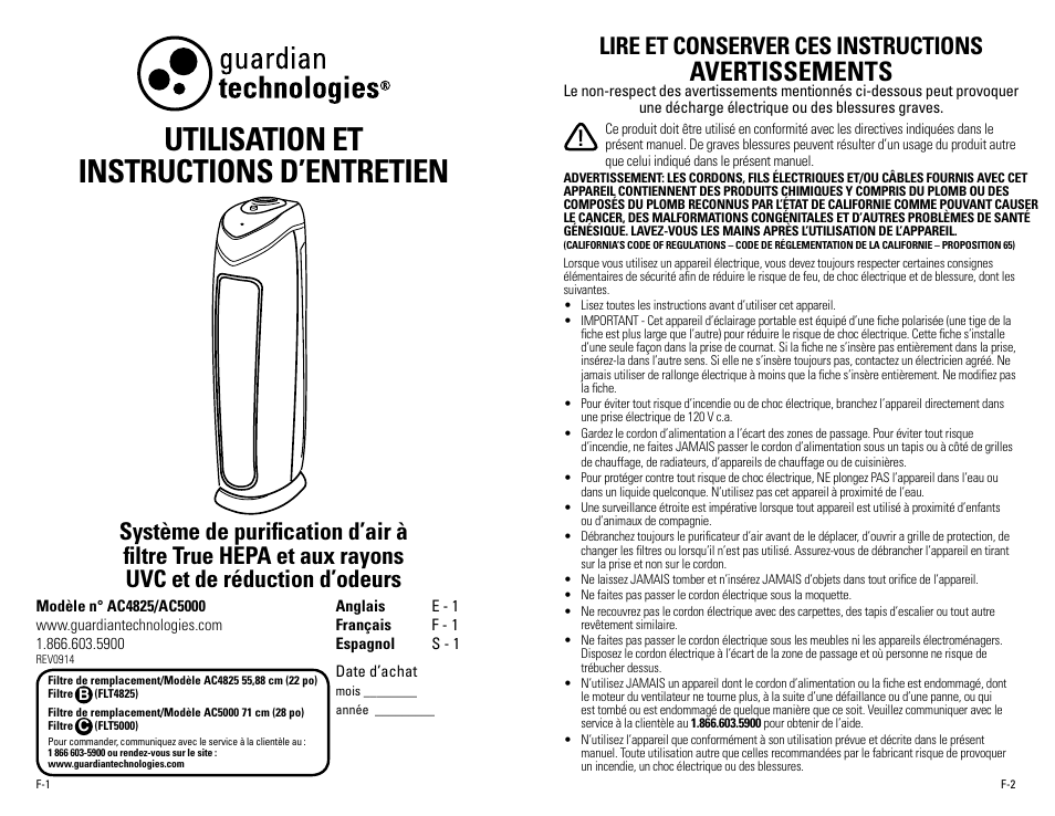 Utilisation et instructions d’entretien, Avertissements, Lire et conserver ces instructions | Guardian Technologies AC5000 User Manual | Page 8 / 20