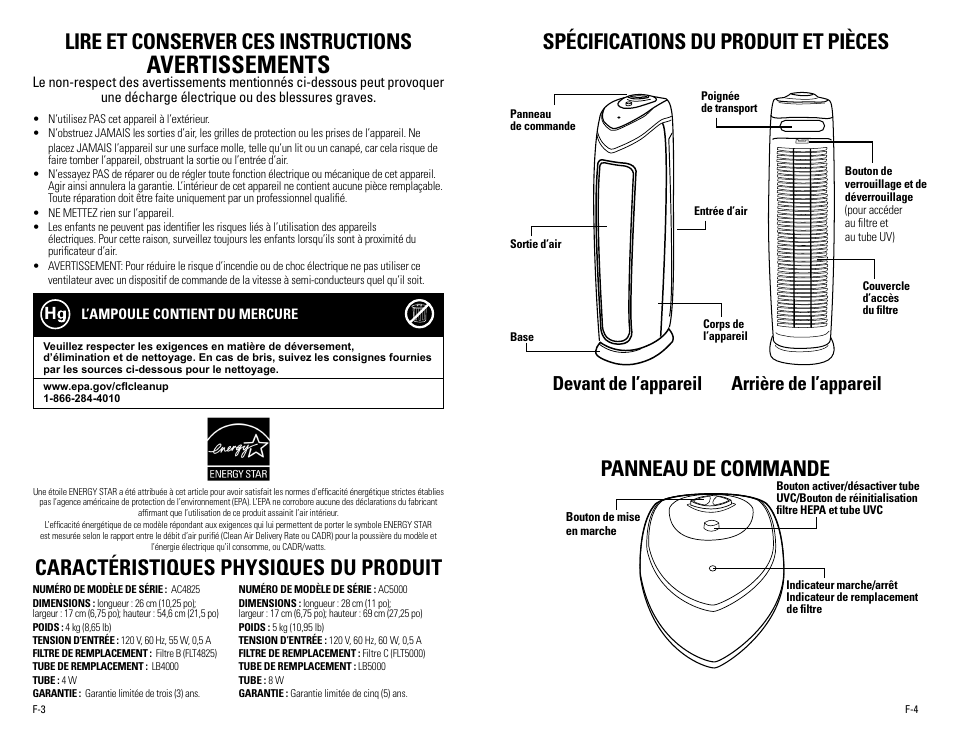 Avertissements, Lire et conserver ces instructions, Caractéristiques physiques du produit | Panneau de commande, Spécifications du produit et pièces, Devant de l’appareil arrière de l’appareil | Guardian Technologies AC5000 User Manual | Page 9 / 20