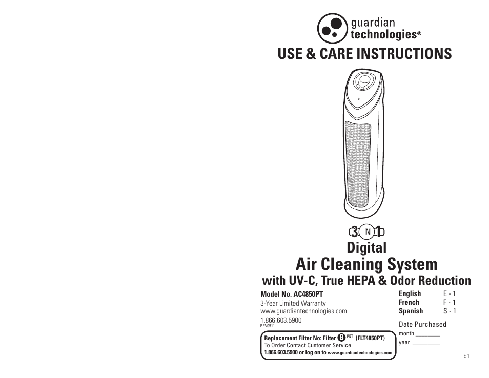 Guardian Technologies AC4850PT User Manual | 20 pages