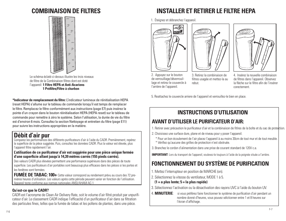 Combinaison de filtres, Installer et retirer le filtre hepa, Débit d’air pur | Instructions d’utilisation, Fonctionnement du système de purification, Avant d’utiliser le purificateur d’air | Guardian Technologies AC4850PT User Manual | Page 11 / 20