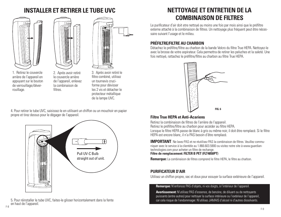 Installer et retirer le tube uvc | Guardian Technologies AC4850PT User Manual | Page 12 / 20