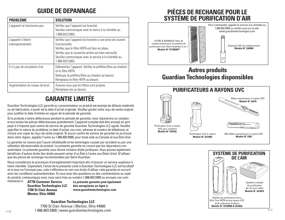 Guide de depannage, Garantie limitée, Autres produits guardian technologies disponsibles | Purificateurs a rayons uvc, Système de purification de l’air | Guardian Technologies AC4850PT User Manual | Page 13 / 20