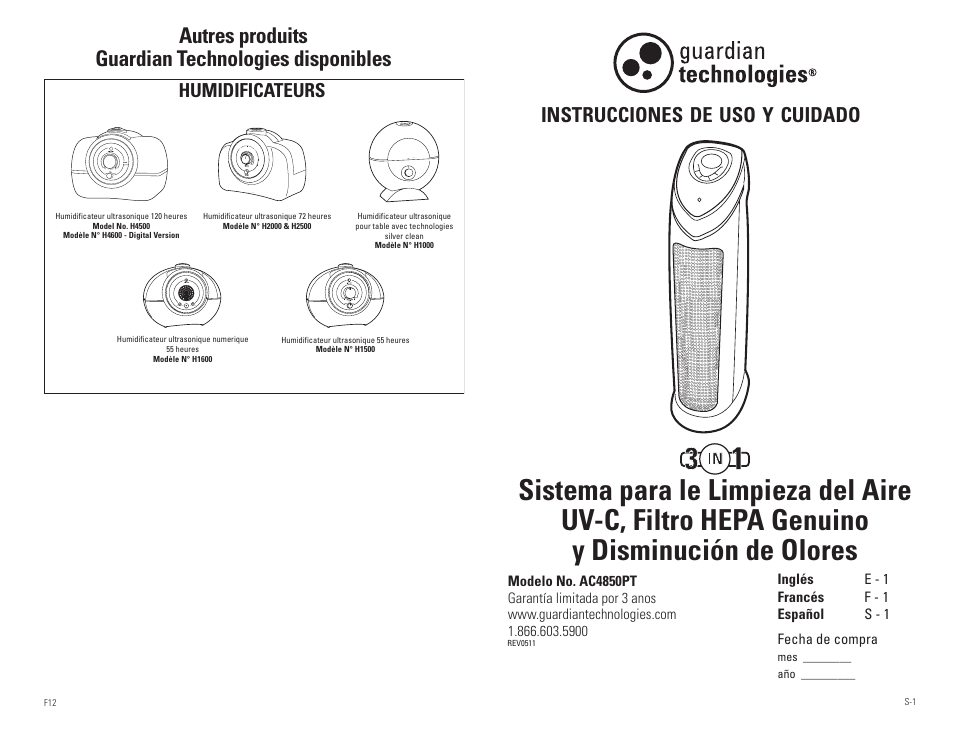 Autres produits guardian technologies disponibles, Instrucciones, Cuidado | Humidificateurs | Guardian Technologies AC4850PT User Manual | Page 14 / 20