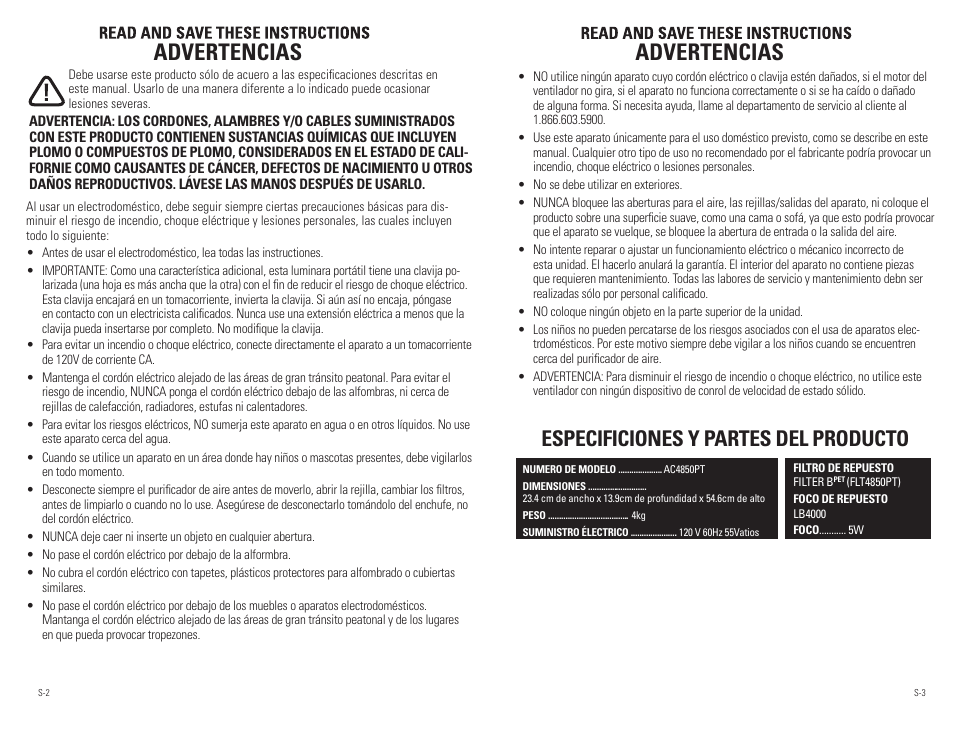 Advertencias, Especificiones y partes del producto | Guardian Technologies AC4850PT User Manual | Page 15 / 20