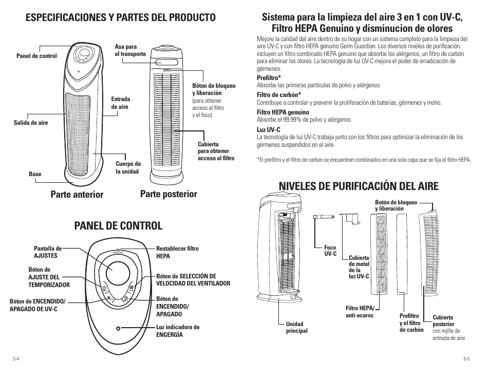 Panel de control, Niveles de purificación del aire, Especificaciones y partes del producto | Parte anterior parte posterior | Guardian Technologies AC4850PT User Manual | Page 16 / 20
