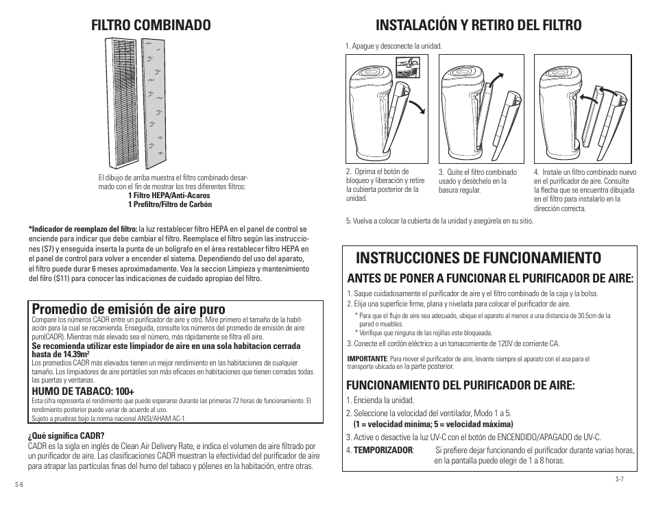 Instrucciones de funcionamiento, Filtro combinado, Instalación y retiro del filtro | Promedio de emisión de aire puro, Antes de poner a funcionar el purificador de aire, Funcionamiento del purificador de aire | Guardian Technologies AC4850PT User Manual | Page 17 / 20