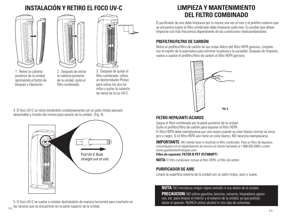 Instalación y retiro el foco uv-c, Limpieza y mantenimiento del filtro combinado | Guardian Technologies AC4850PT User Manual | Page 18 / 20