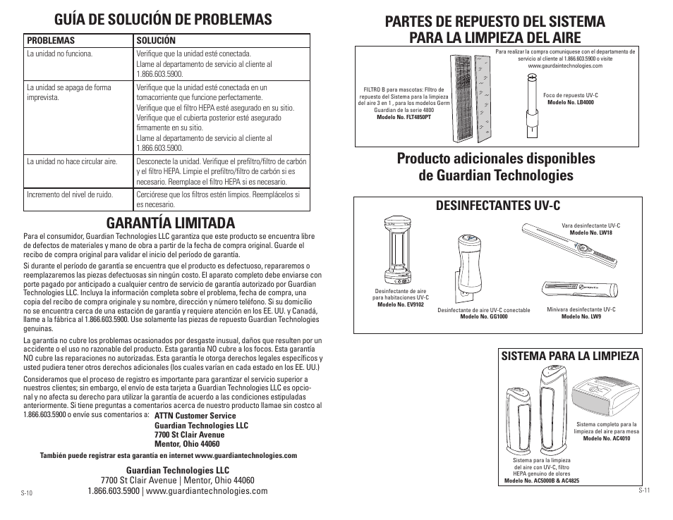 Guía de solución de problemas, Garantía limitada, Desinfectantes uv-c | Sistema para la limpieza | Guardian Technologies AC4850PT User Manual | Page 19 / 20