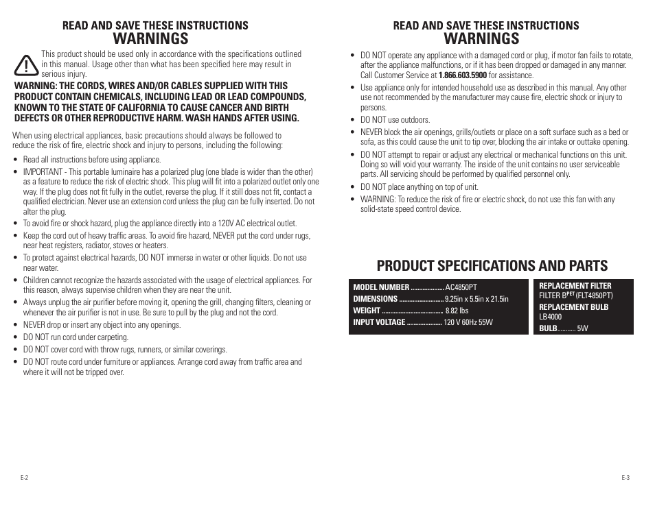 Warnings, Product specifications and parts | Guardian Technologies AC4850PT User Manual | Page 2 / 20