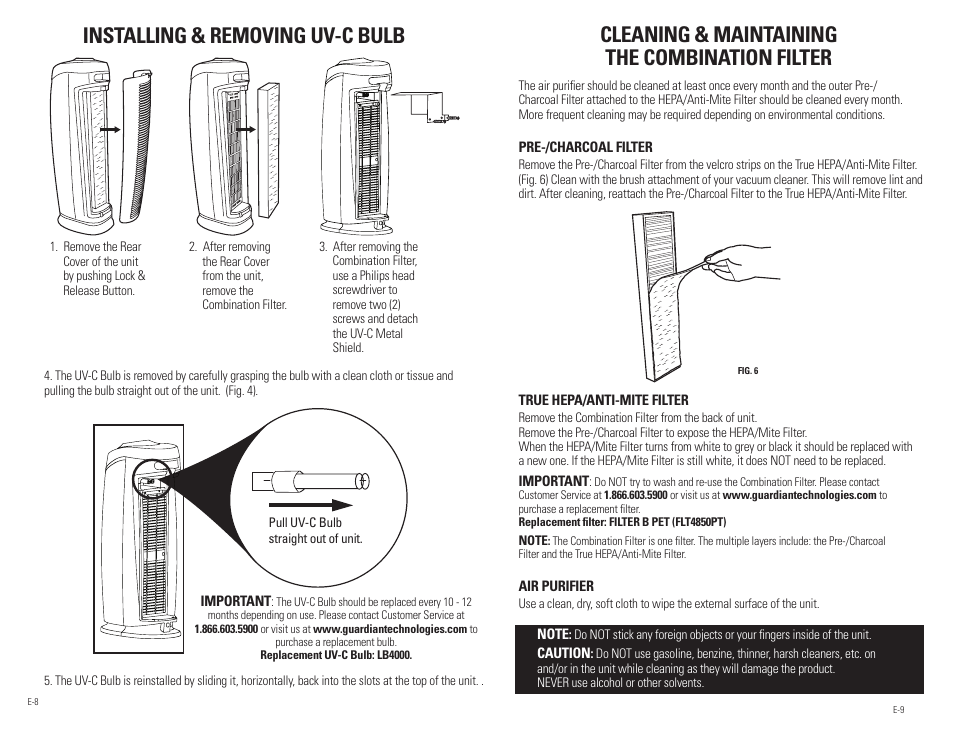 Installing & removing uv-c bulb, Cleaning & maintaining the combination filter, Before operating the air purifier | Guardian Technologies AC4850PT User Manual | Page 5 / 20