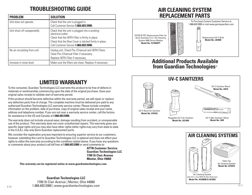 Troubleshooting guide, Limited warranty, Air cleaning system replacement parts | Air cleaning systems uv-c sanitizers | Guardian Technologies AC4850PT User Manual | Page 6 / 20