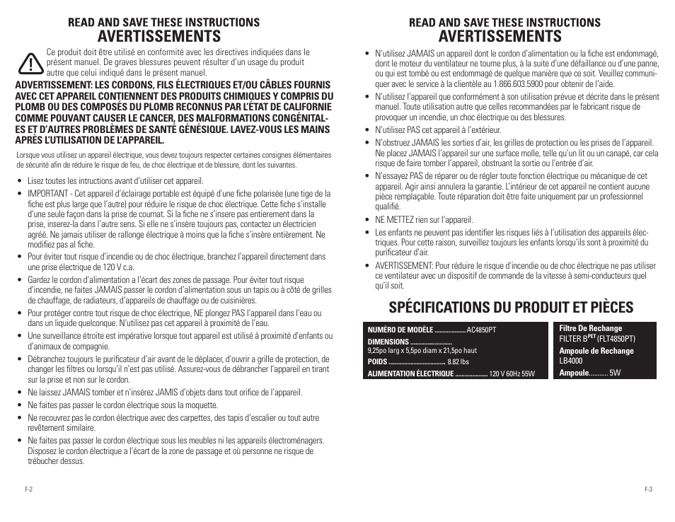 Avertissements, Spécifications du produit et pièces | Guardian Technologies AC4850PT User Manual | Page 9 / 20