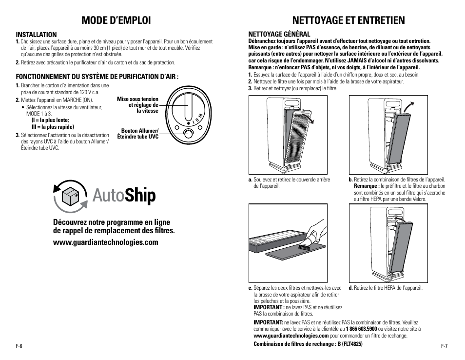Mode d’emploi, Nettoyage et entretien | Guardian Technologies AC4900 User Manual | Page 10 / 18