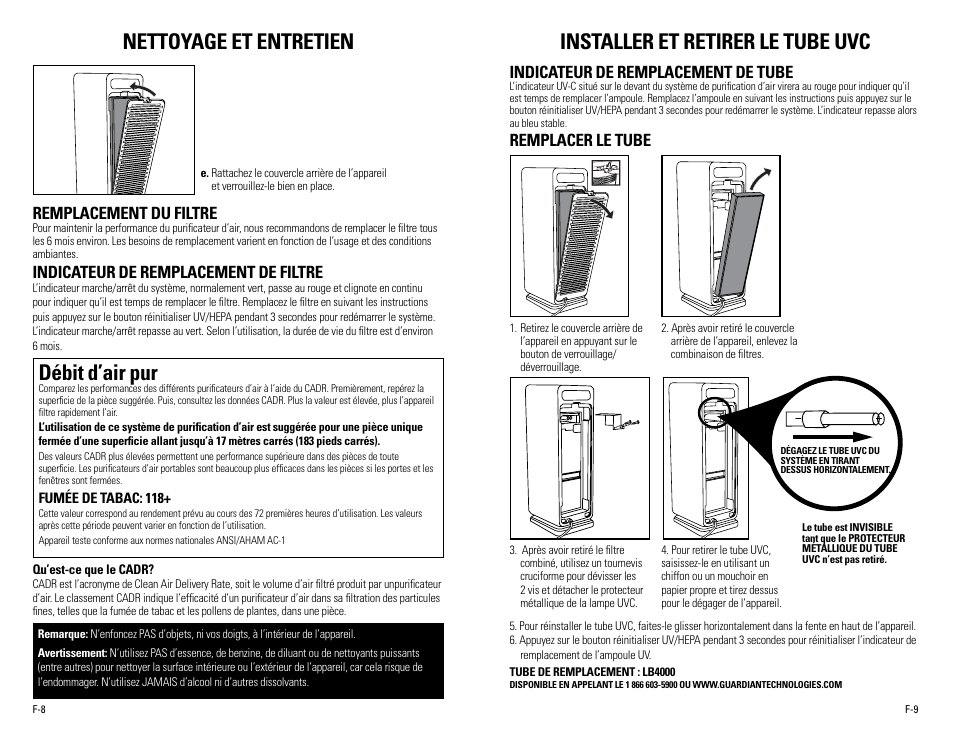 Nettoyage et entretien, Débit d’air pur, Installer et retirer le tube uvc | Remplacement du filtre, Indicateur de remplacement de filtre, Indicateur de remplacement de tube, Remplacer le tube | Guardian Technologies AC4900 User Manual | Page 11 / 18