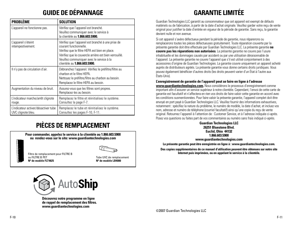 Guide de dépannage, Pièces de remplacement, Garantie limitée | Guardian Technologies AC4900 User Manual | Page 12 / 18