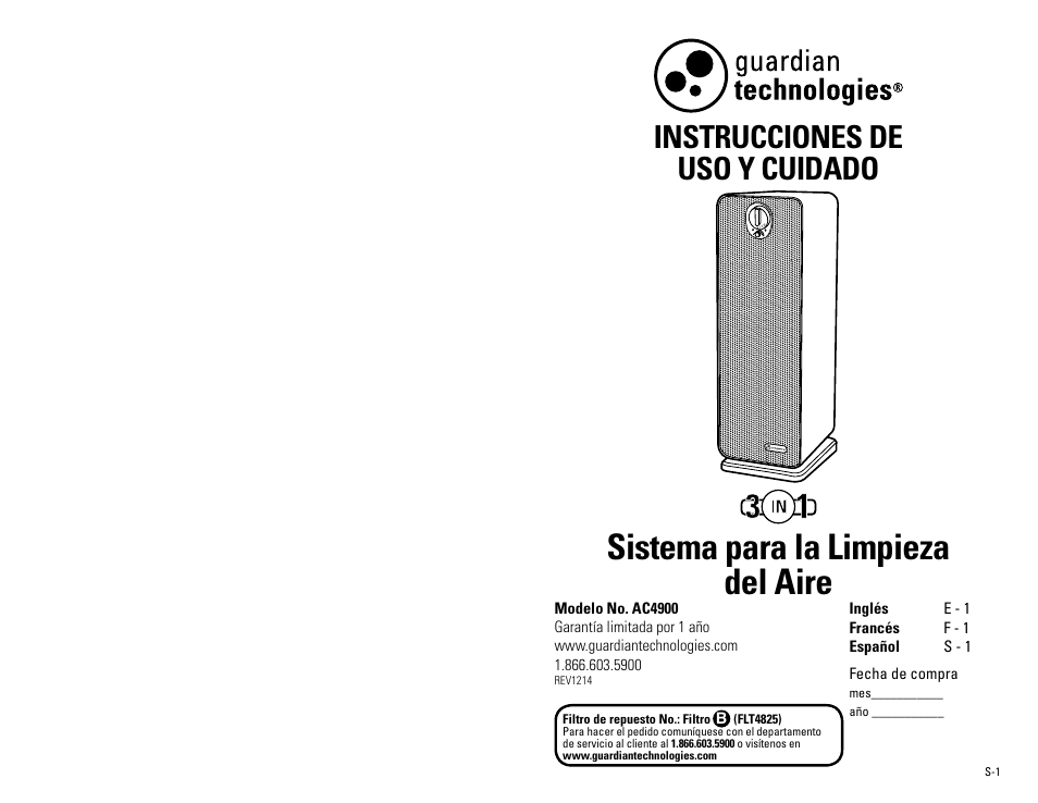 Sistema para la limpieza del aire, Instrucciones de uso y cuidado | Guardian Technologies AC4900 User Manual | Page 13 / 18