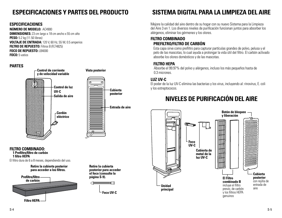 Especificaciones y partes del producto, Sistema digital para la limpieza del aire, Niveles de purificación del aire | Guardian Technologies AC4900 User Manual | Page 15 / 18